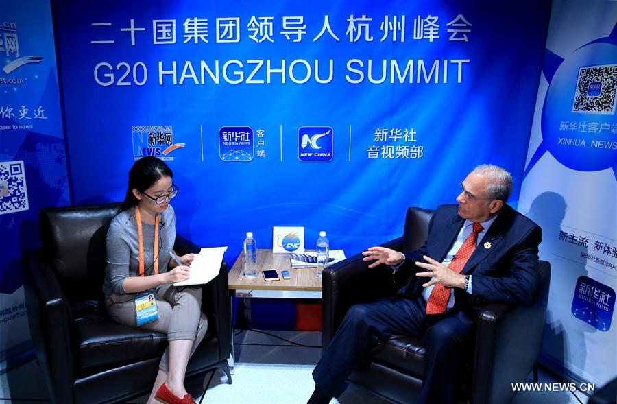 Organization for Economic Cooperation and Development Secretary-General Angel Gurria receives an interview with Xinhua in Hangzhou, capital of east China's Zhejiang Province, Sept. 2, 2016. (Xinhua/Li Mingfang) Organization for Economic Cooperation and Development Secretary-General Angel Gurria receives an interview with Xinhua in Hangzhou, capital of east China's Zhejiang Province, Sept. 2, 2016. (Xinhua/Li Mingfang)