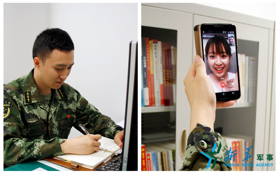 &uarr;陳德正，武警北京總隊七支隊某中隊指導員。七夕前夜堅守在值班崗位上的他，在結束值班后給妻子打了個視頻電話，通過網絡表達著對妻子的愛意。閆星辰 攝
