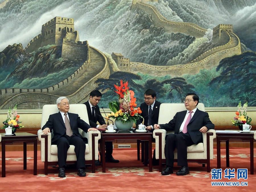 1月13日，中共中央政治局常委、全國(guó)人大常委會(huì)委員長(zhǎng)張德江在北京人民大會(huì)堂會(huì)見(jiàn)越共中央總書(shū)記阮富仲。 新華社記者 劉衛(wèi)兵 攝