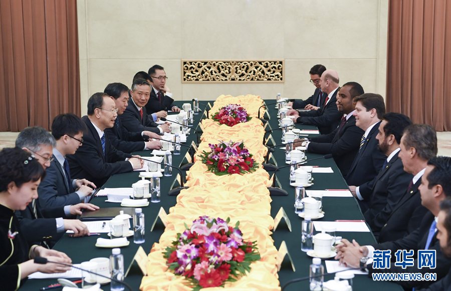 3月22日，中共中央書記處書記、全國政協(xié)副主席杜青林在北京會見巴西民主運動黨眾議院黨團領袖羅西率領的該黨干部考察團。 新華社記者張領攝