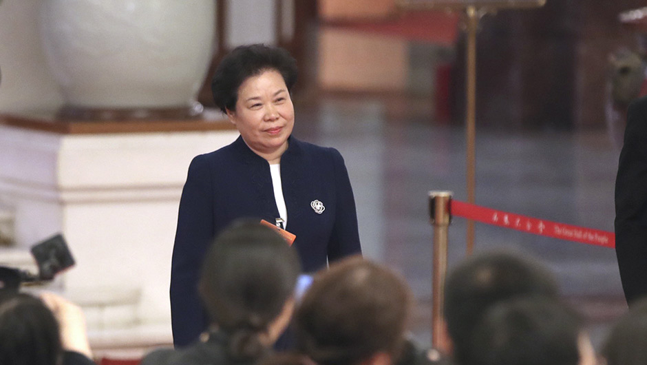 劉雅鳴步入&ldquo;部長(zhǎng)通道&rdquo;，準(zhǔn)備接受采訪(fǎng)