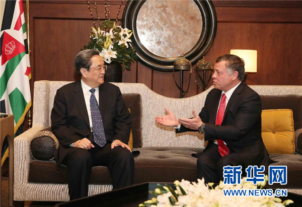 11月9日，正在約旦進行正式友好訪問的全國政協(xié)主席俞正聲在安曼會見約旦國王阿卜杜拉二世。 新華社記者 劉衛(wèi)兵 攝 