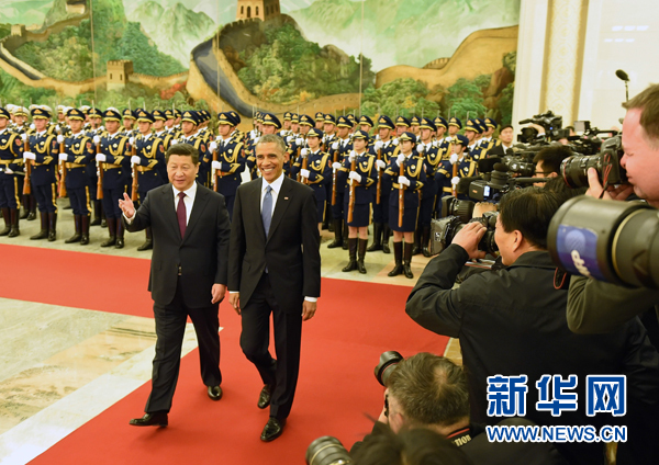 11月12日，國家主席習近平在北京人民大會堂舉行歡迎儀式，歡迎美國總統奧巴馬對中國進行國事訪問。 新華社記者 劉建生 攝