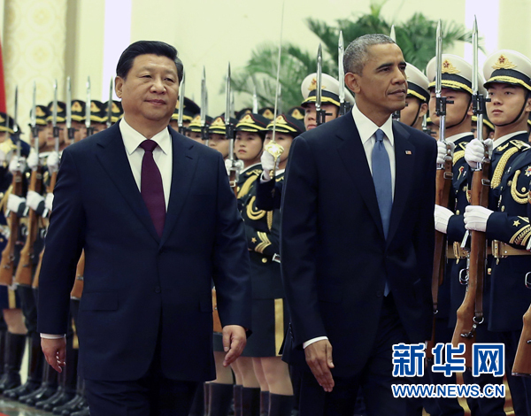 11月12日，國家主席習近平在北京人民大會堂舉行歡迎儀式，歡迎美國總統奧巴馬對中國進行國事訪問。 新華社記者 龐興雷 攝