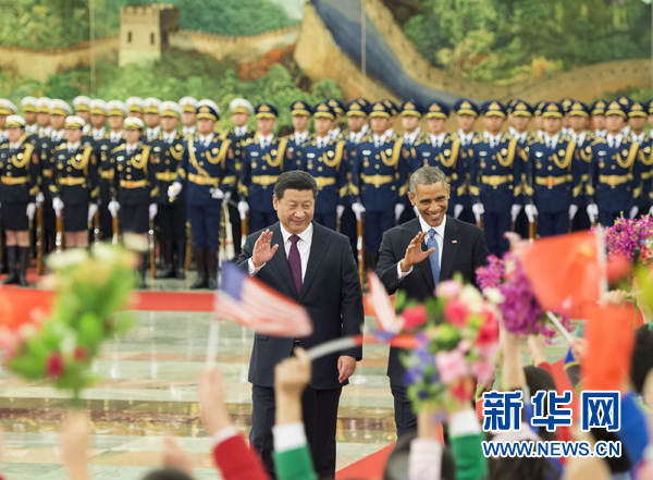 11月12日，國家主席習近平在北京人民大會堂舉行歡迎儀式，歡迎美國總統奧巴馬對中國進行國事訪問。 新華社記者 黃敬文 攝