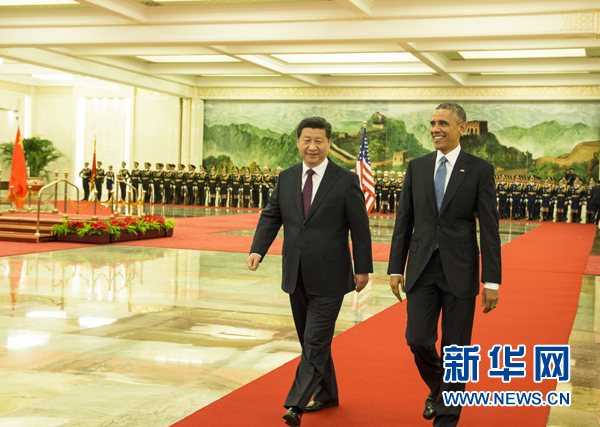 11月12日，國家主席習近平在北京人民大會堂舉行歡迎儀式，歡迎美國總統奧巴馬對中國進行國事訪問。 新華社記者 李學仁 攝