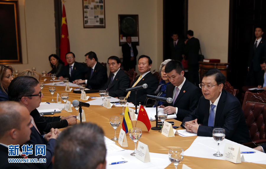 11月24日，正在哥倫比亞進(jìn)行正式友好訪問的全國人大常委會委員長張德江在波哥大與哥倫比亞眾議長阿明舉行會談。 新華社記者 鞠鵬 攝 