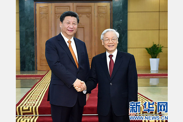 11月5日，中共中央總書記、國家主席習(xí)近平在河內(nèi)同越共中央總書記阮富仲舉行會談。 新華社記者李濤攝