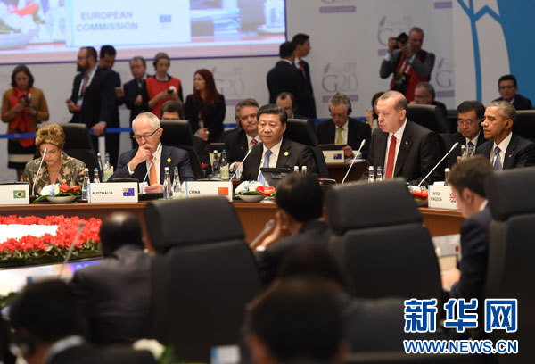 11月15日，國家主席習(xí)近平在土耳其安塔利亞出席二十國集團(tuán)領(lǐng)導(dǎo)人第十次峰會第一階段會議。 新華社記者李學(xué)仁攝 