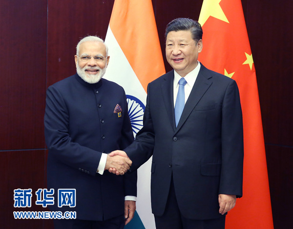 6月9日，國家主席習(xí)近平在阿斯塔納會見印度總理莫迪。 新華社記者姚大偉 攝